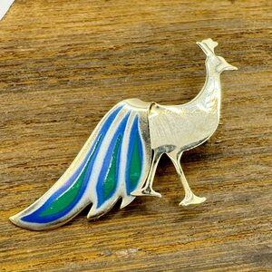 Vintage Silver and Green Peacock Brooch